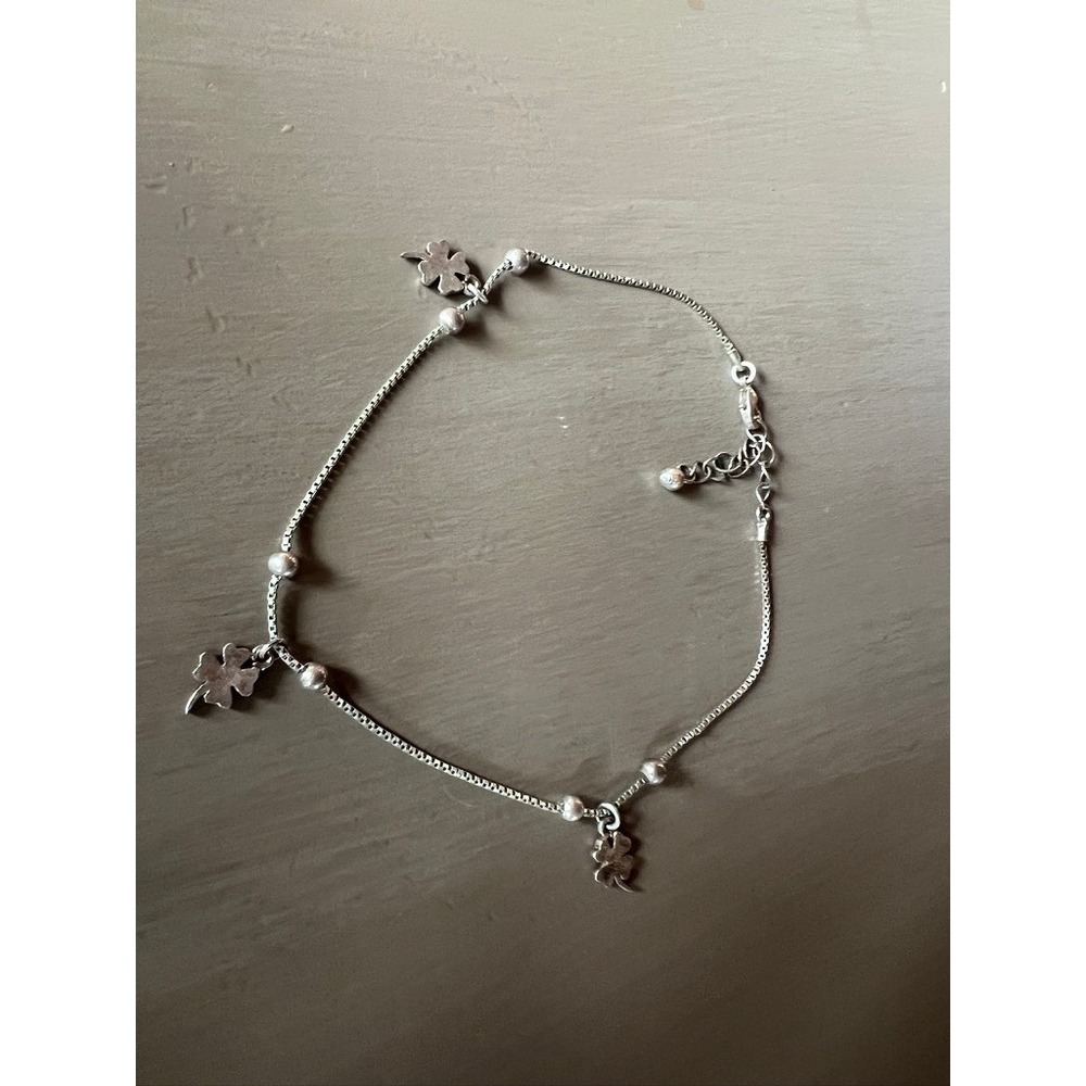 Four Leaf Clover Anklet 10' Silver Tone Box Chain Bead Charm Irish St Patrick's